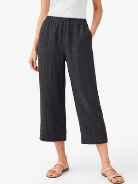 Eileen Fisher Cropped Pants Womens XS Charcoal Gray Elastic Waist Linen Blend